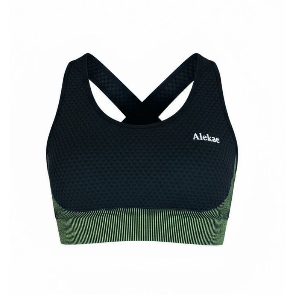Alekae NWOT Crossback Non Wire Removable Cups Sports Bra Black Green Medium